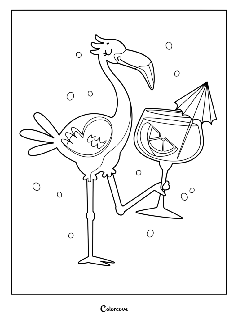 A cute flamingo standing on one leg holding a tropical cocktail with a lemon slice and umbrella in this printable coloring page.