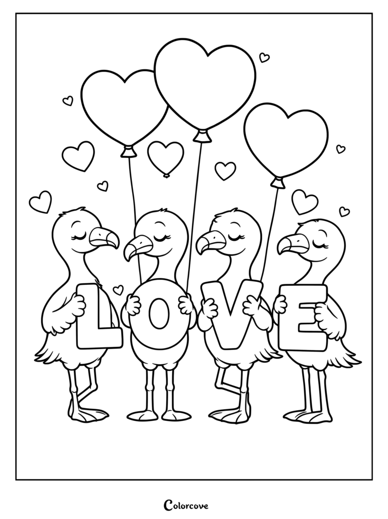 Four cute flamingos standing in a row, each holding a letter to spell LOVE and carrying heart-shaped balloons in this printable coloring page.