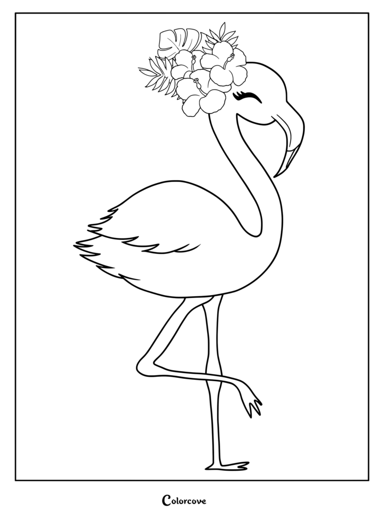 A cute flamingo wearing a tropical hibiscus and monstera leaf crown on this printable coloring page.