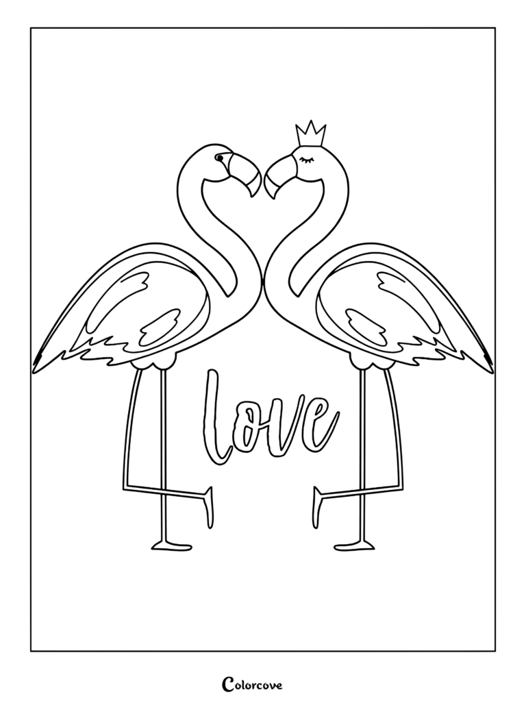 Two flamingos forming a heart shape with their necks, one wearing a crown, with the word love written below in a printable coloring page.