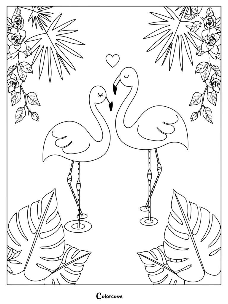 Two flamingos facing each other with a heart above them, surrounded by tropical palm leaves and flowers in a coloring page format.