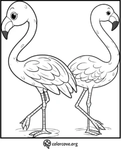 Coloring page featuring two flamingos standing with one leg raised, ready for kids to color. Download and print free!