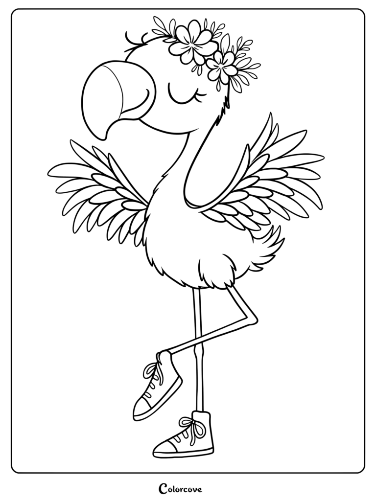 A cute flamingo wearing a flower crown and high-top sneakers standing on one leg in this printable coloring page.