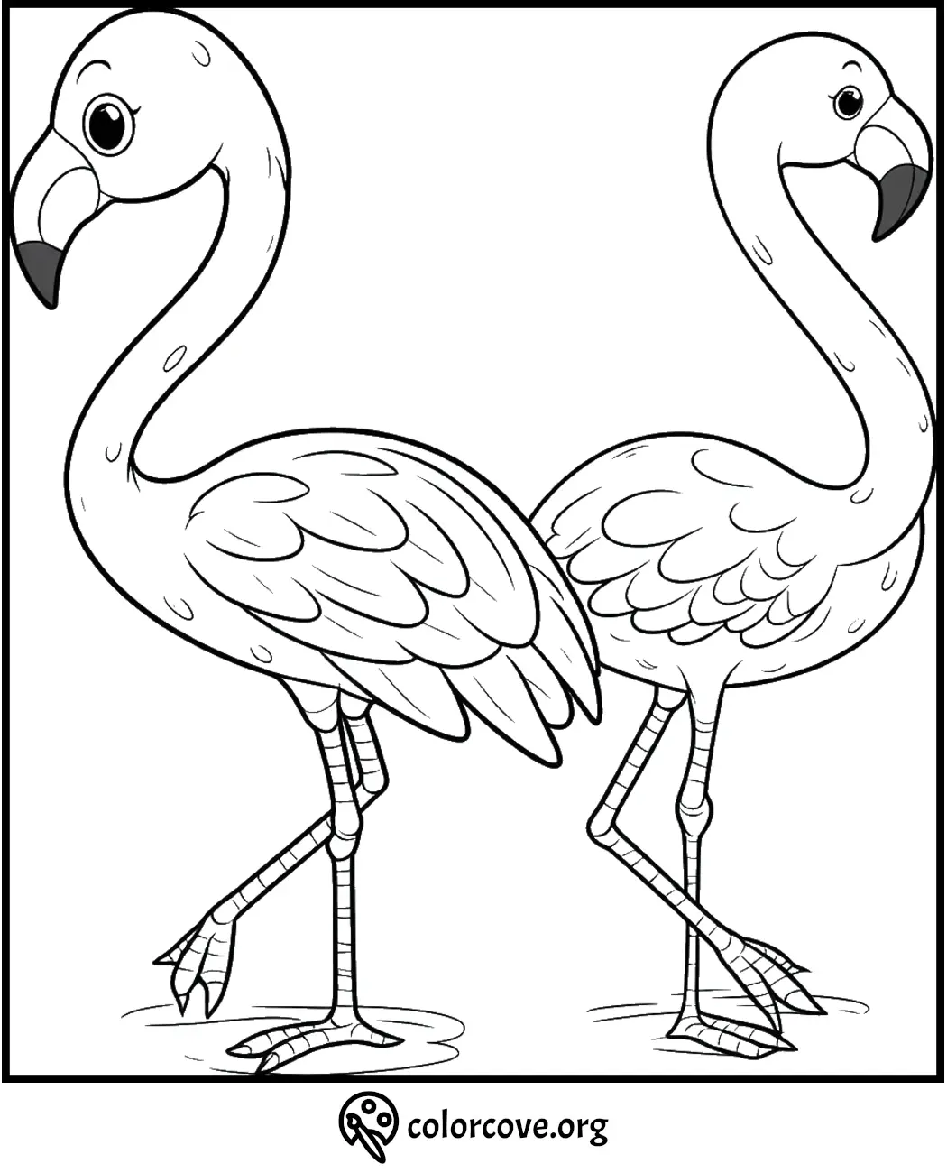 Coloring page featuring two flamingos standing with one leg raised, ready for kids to color. Download and print free!