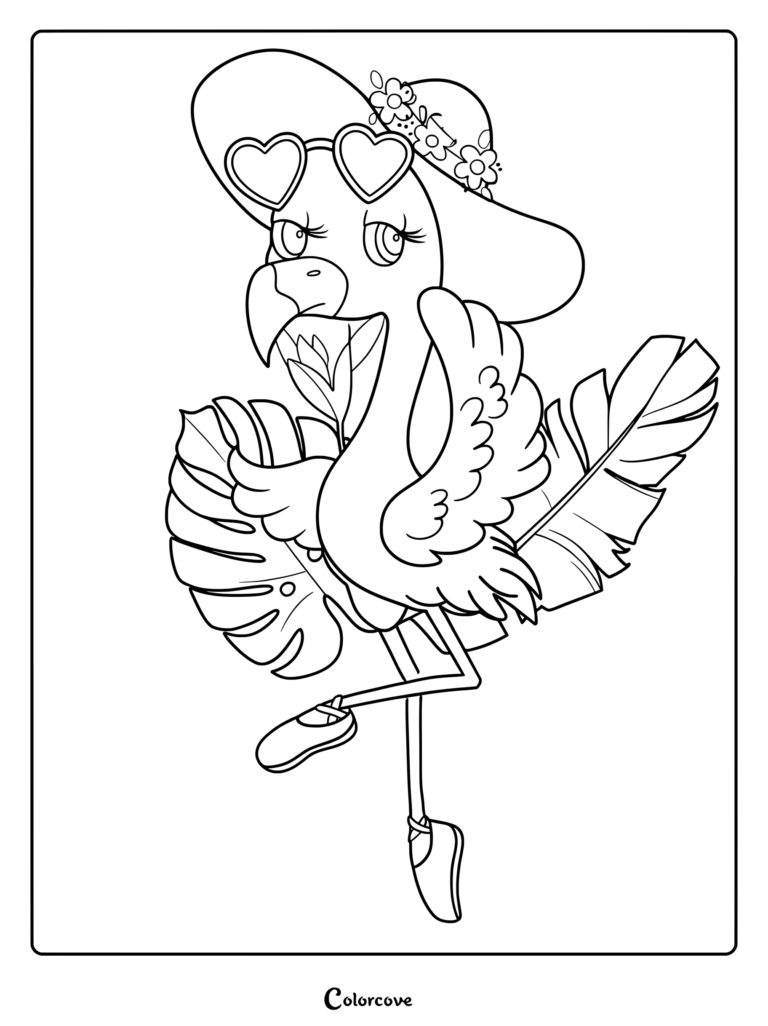 A stylish flamingo wearing a flower-adorned sun hat and heart-shaped sunglasses, standing on one leg among tropical leaves in this printable coloring page.