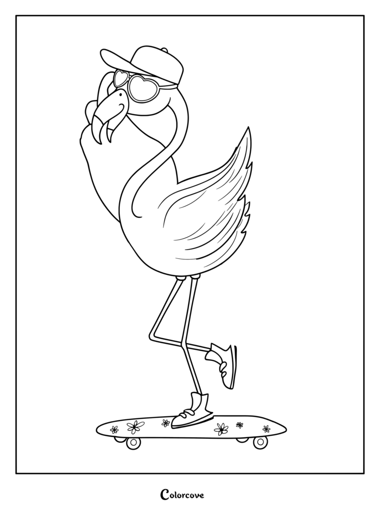 A cool flamingo wearing a baseball cap and heart-shaped sunglasses riding a flower-patterned skateboard in this printable coloring page.
