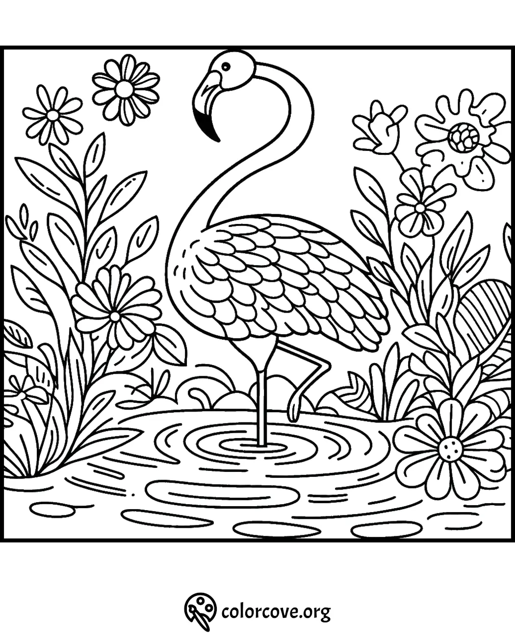 Flamingo coloring page; flamingo standing in water surrounded by flowers and plants. Coloring page by colorcove.org.