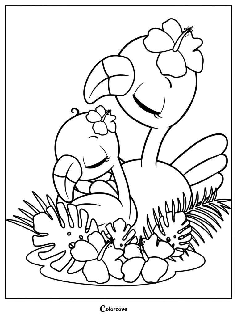 A mother flamingo cuddling her baby flamingo in a tropical nest of hibiscus flowers and palm leaves, line art coloring page.
