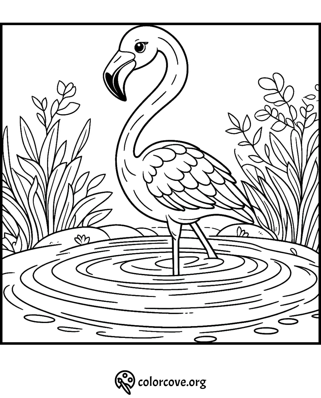 Flamingo coloring page for kids and adults, featuring a flamingo by a pond with surrounding plants.