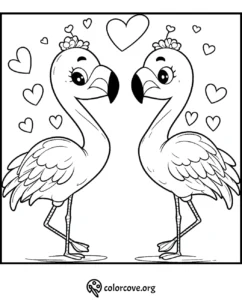Cute flamingo coloring page with two flamingos surrounded by hearts. Perfect for kids' art activities. Free printable.