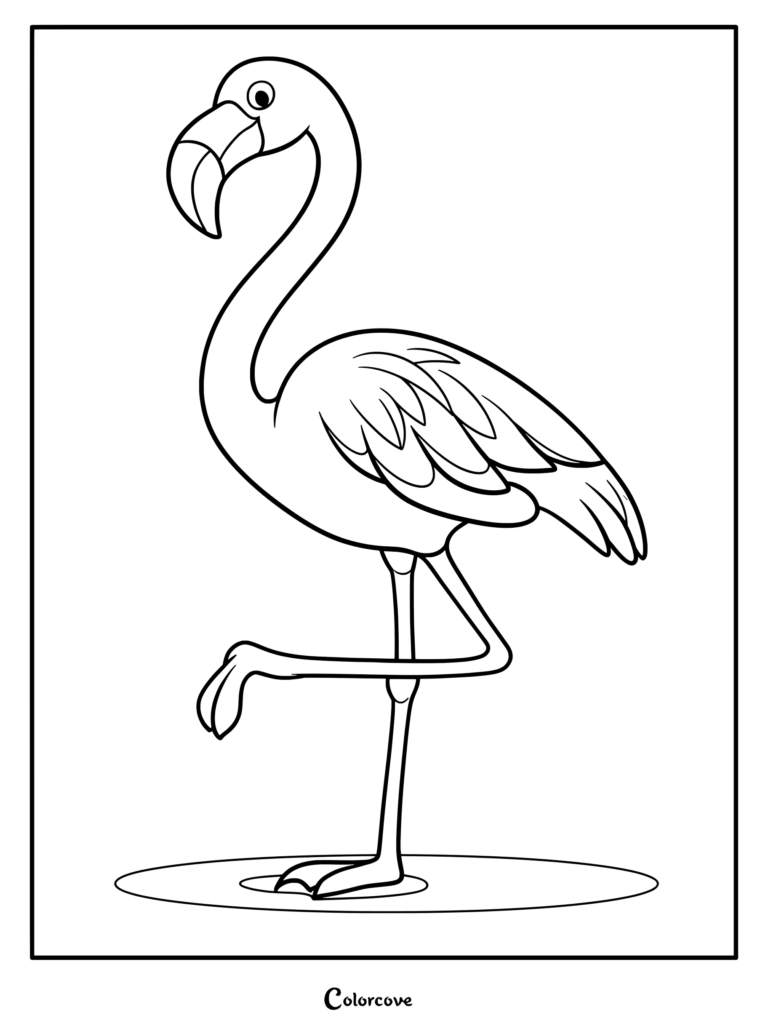 A simple line art coloring page of a flamingo standing on one leg in a small puddle.