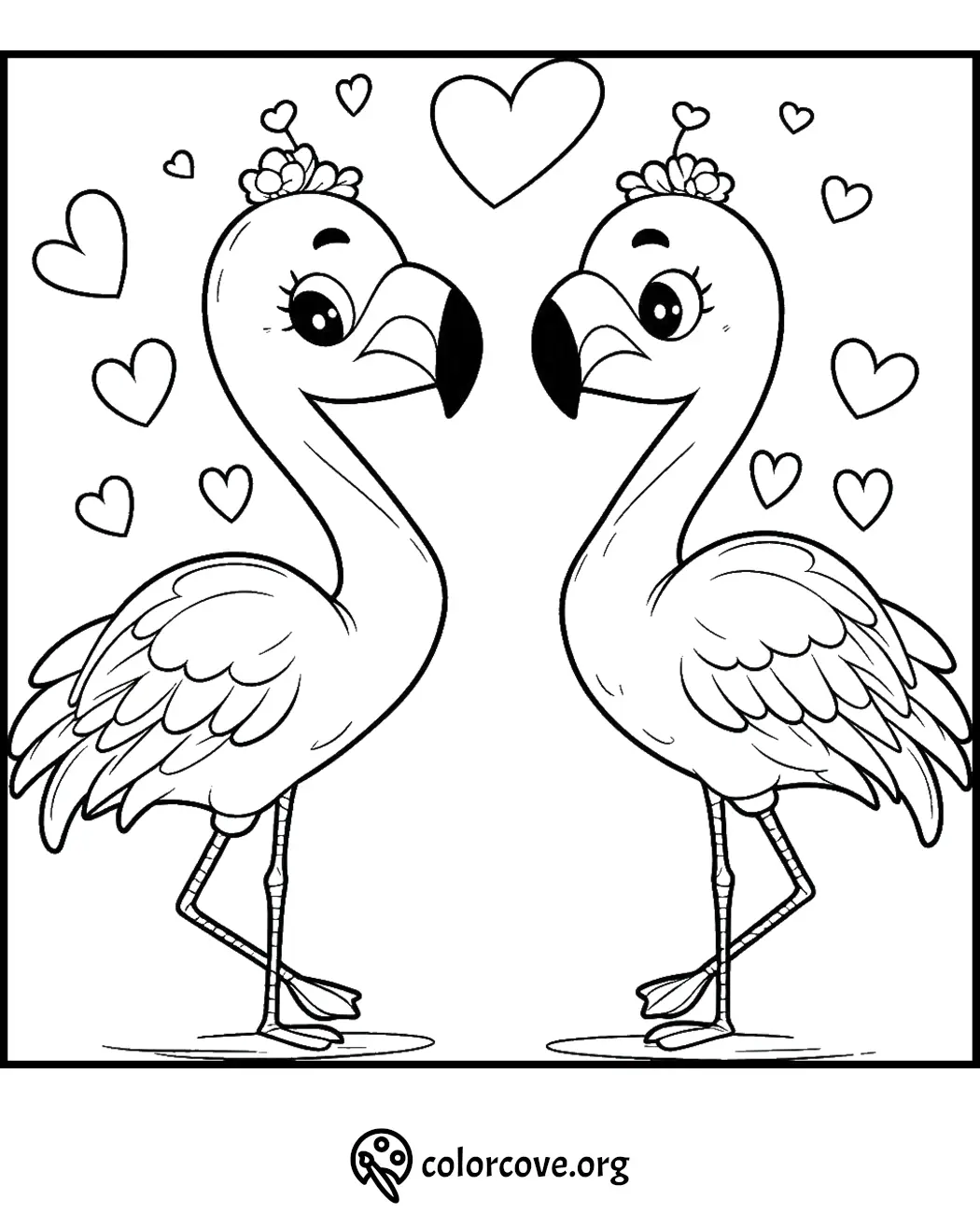 Cute flamingo coloring page with two flamingos surrounded by hearts. Perfect for kids' art activities. Free printable.