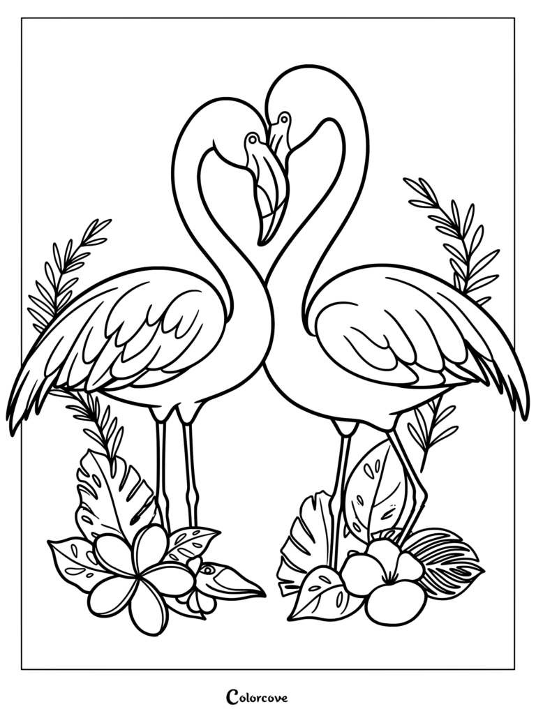 Two flamingos with necks curved into a heart shape surrounded by tropical flowers and leaves in this printable coloring page.