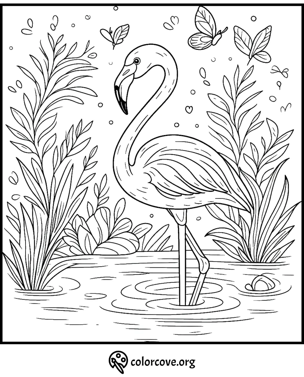 Flamingo coloring page for kids and adults featuring a flamingo standing in water, with butterflies and plants.