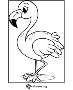 Coloring page featuring a cute cartoon flamingo with large eyes and detailed feathers; great for kids and adults to color.