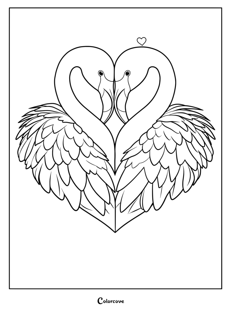 Two flamingos with necks curved to form a heart shape in this printable coloring page.