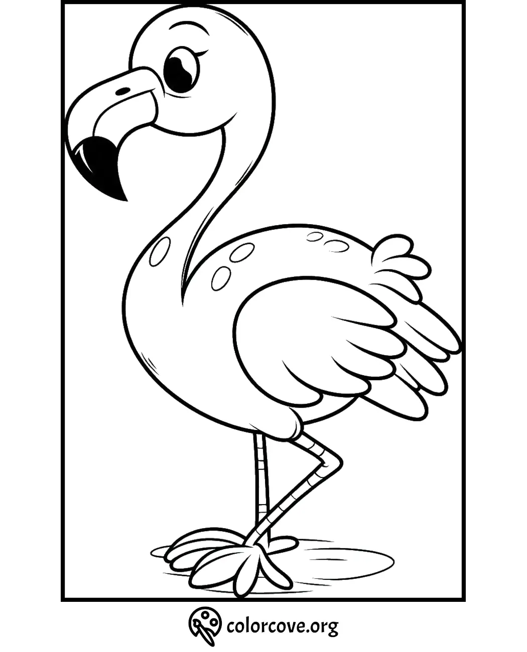 Coloring page featuring a cute cartoon flamingo with large eyes and detailed feathers; great for kids and adults to color.