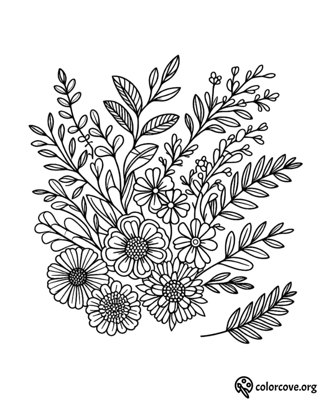 a black and white drawing of flowers and leaves