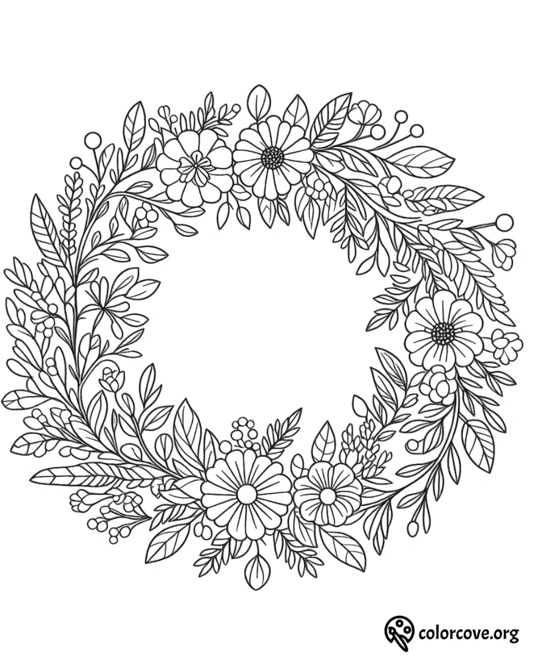 a black and white drawing of a wreath of flowers