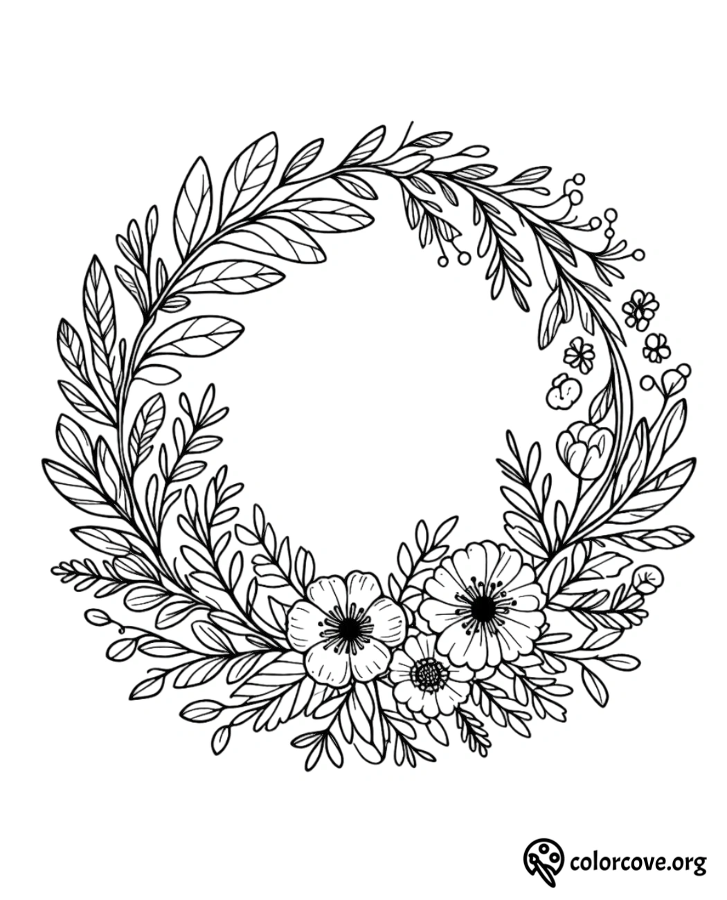 a black and white drawing of a wreath of flowers