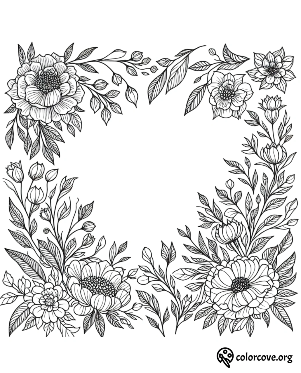 a black and white drawing of flowers and leaves