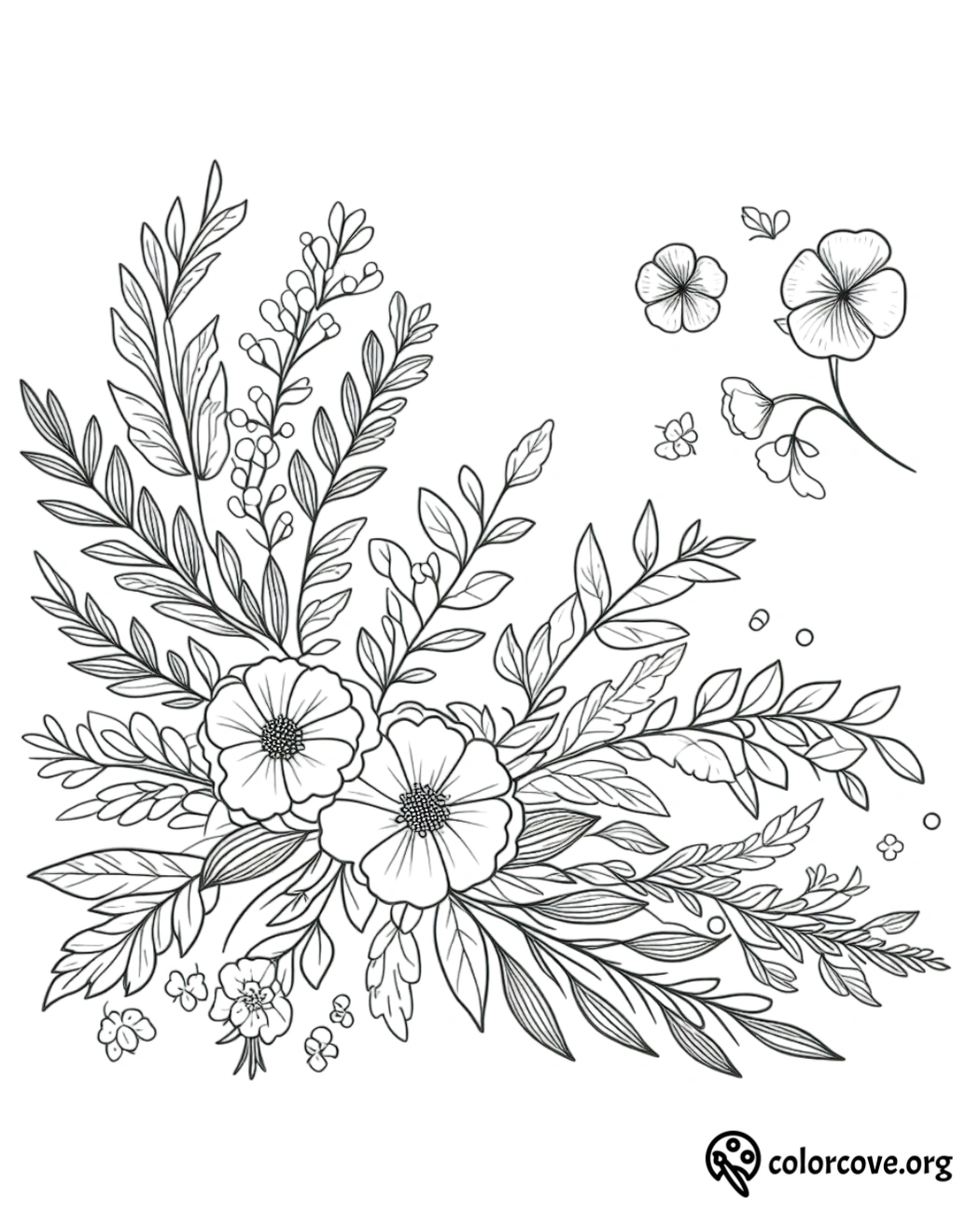 a black and white drawing of flowers and leaves