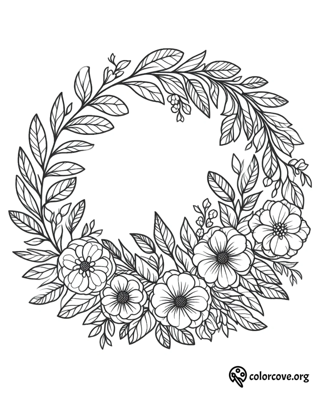 a black and white drawing of a wreath of flowers and leaves