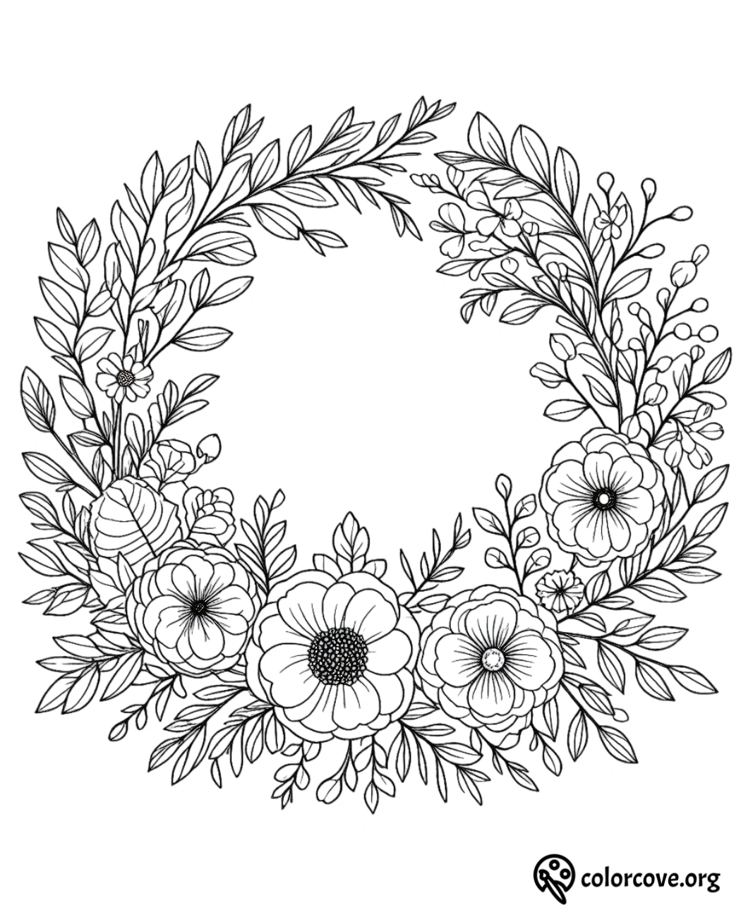 a black and white drawing of flowers and leaves