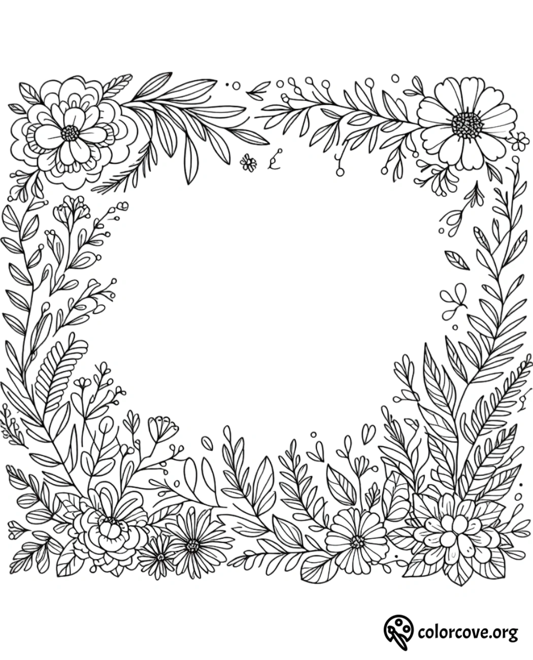 a black and white drawing of flowers and leaves