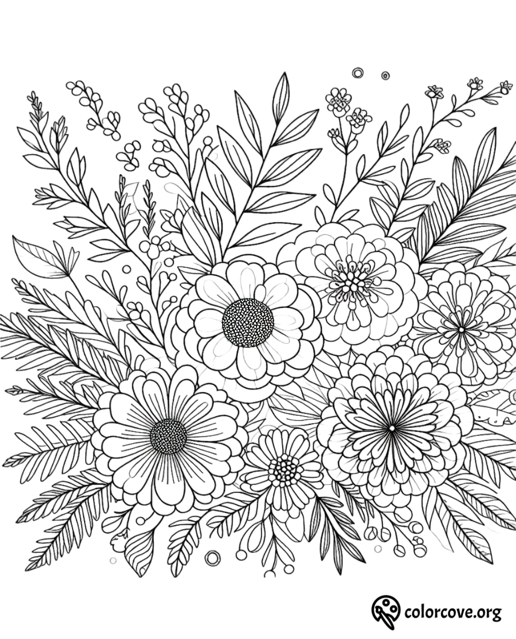 a black and white drawing of flowers and leaves