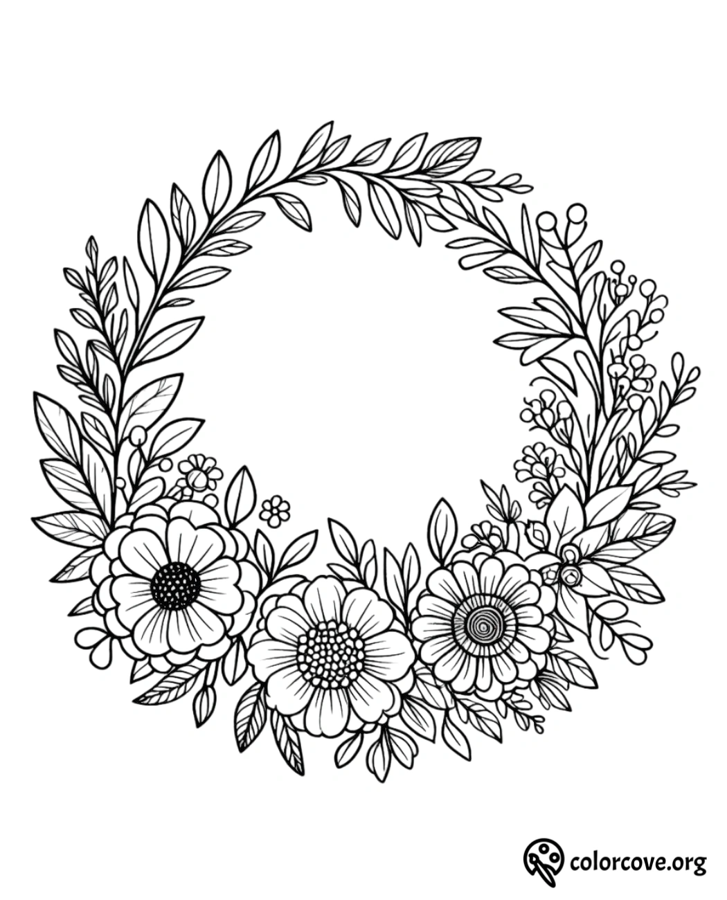 a black and white drawing of flowers and leaves