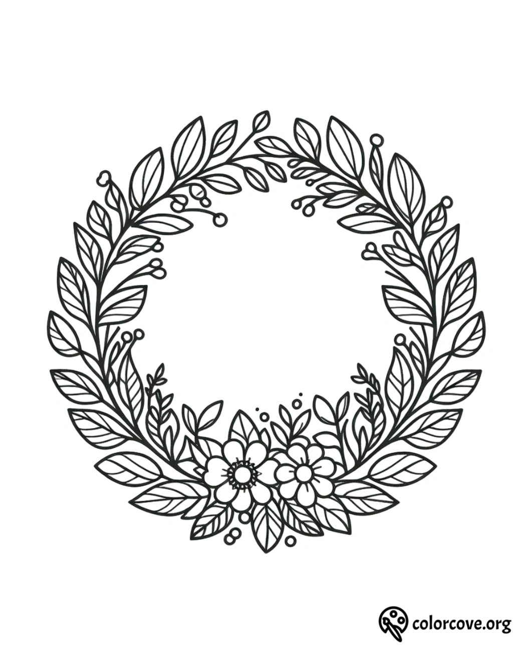 a black and white drawing of a wreath of leaves and flowers