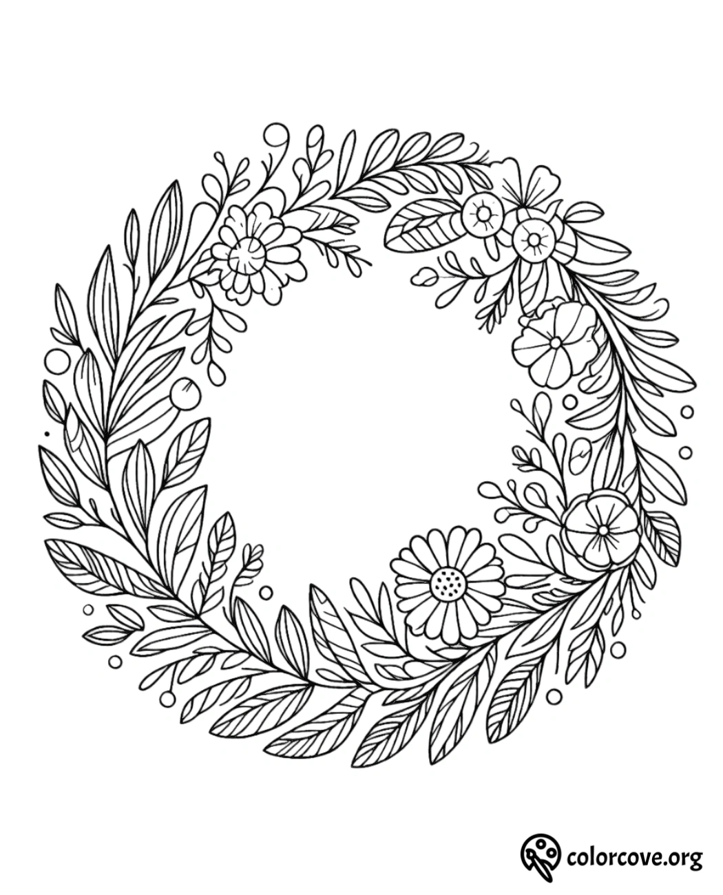 a black and white drawing of a wreath of flowers and leaves