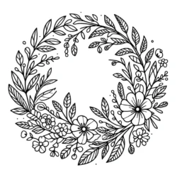 a black and white drawing of a wreath of flowers