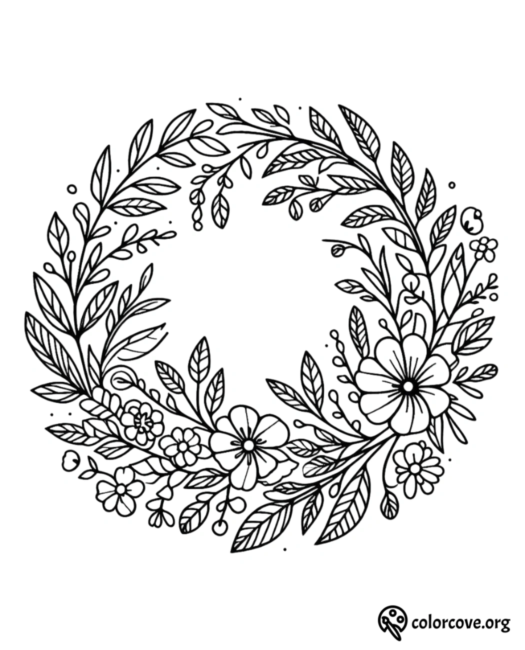 a black and white drawing of a wreath of flowers