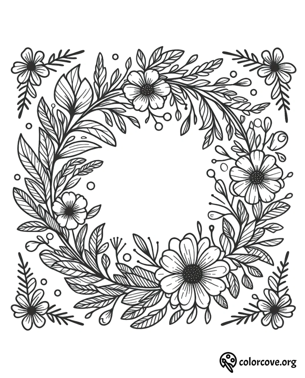 a black and white drawing of flowers and leaves