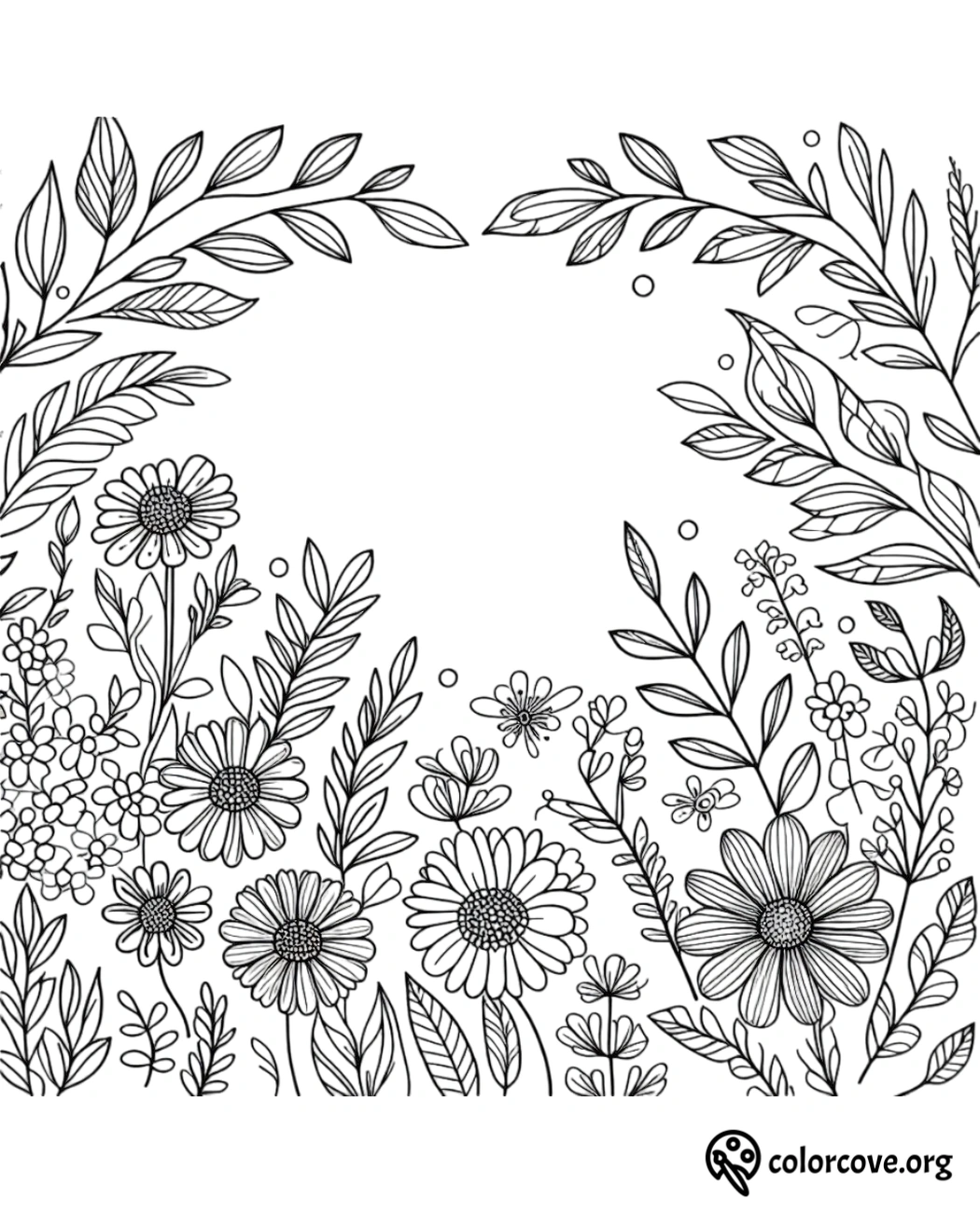 a black and white drawing of flowers and leaves