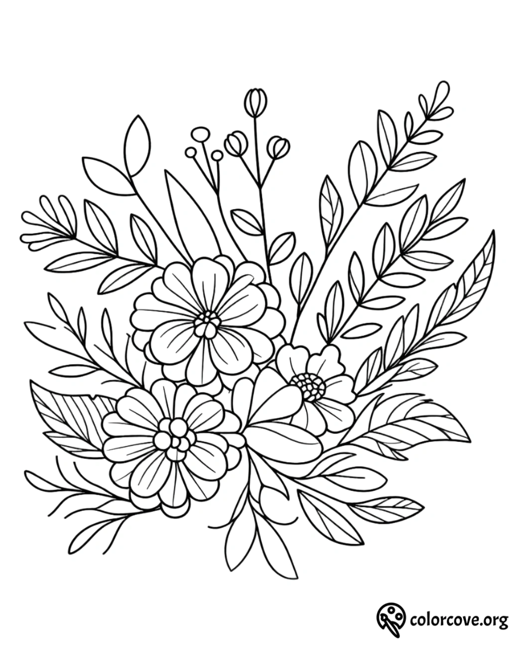 a black and white drawing of flowers and leaves