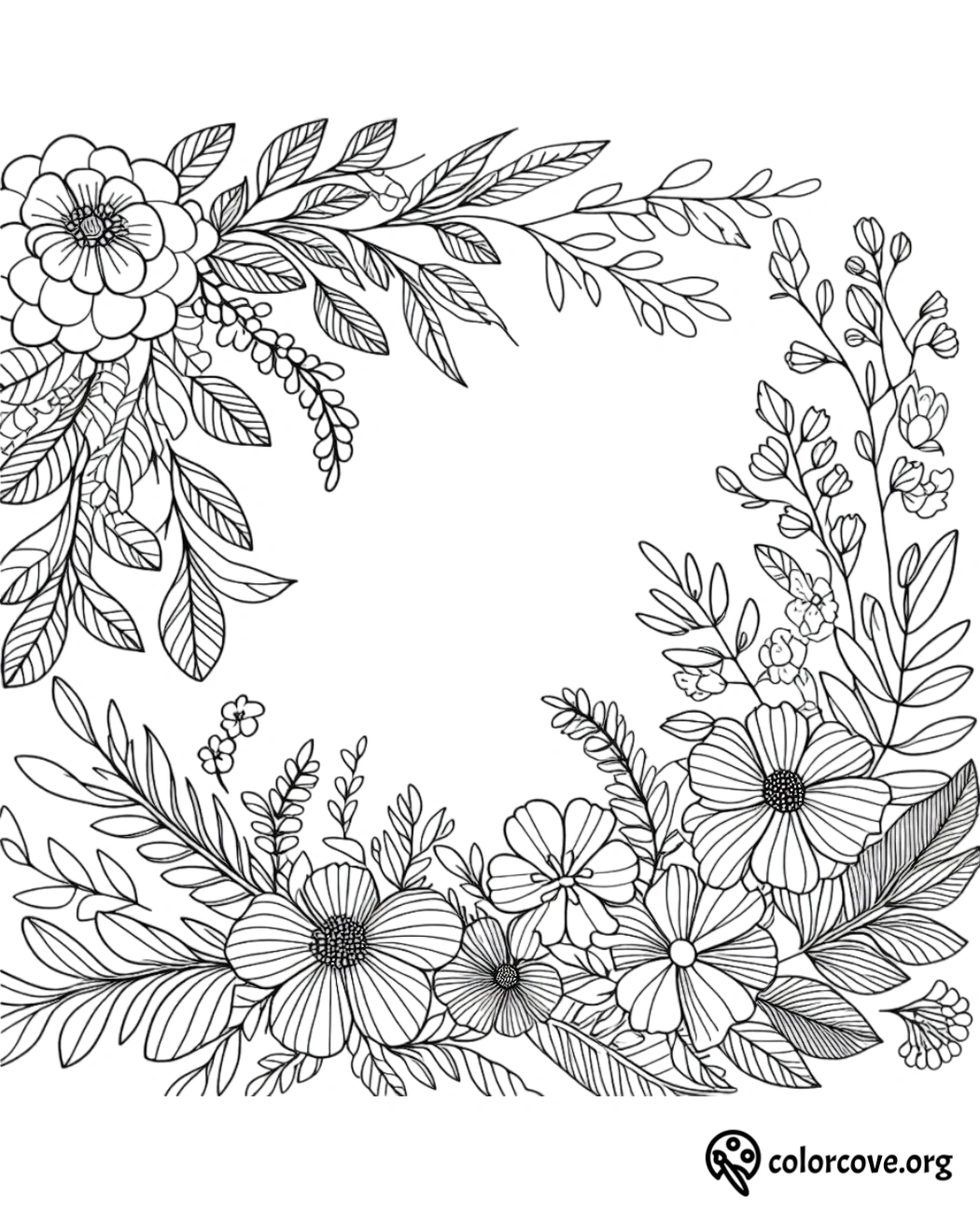 a black and white drawing of flowers and leaves