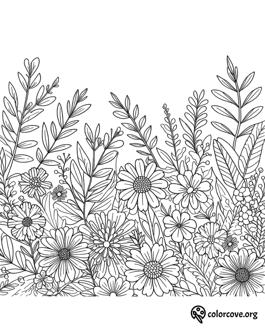 a line drawing of flowers and leaves