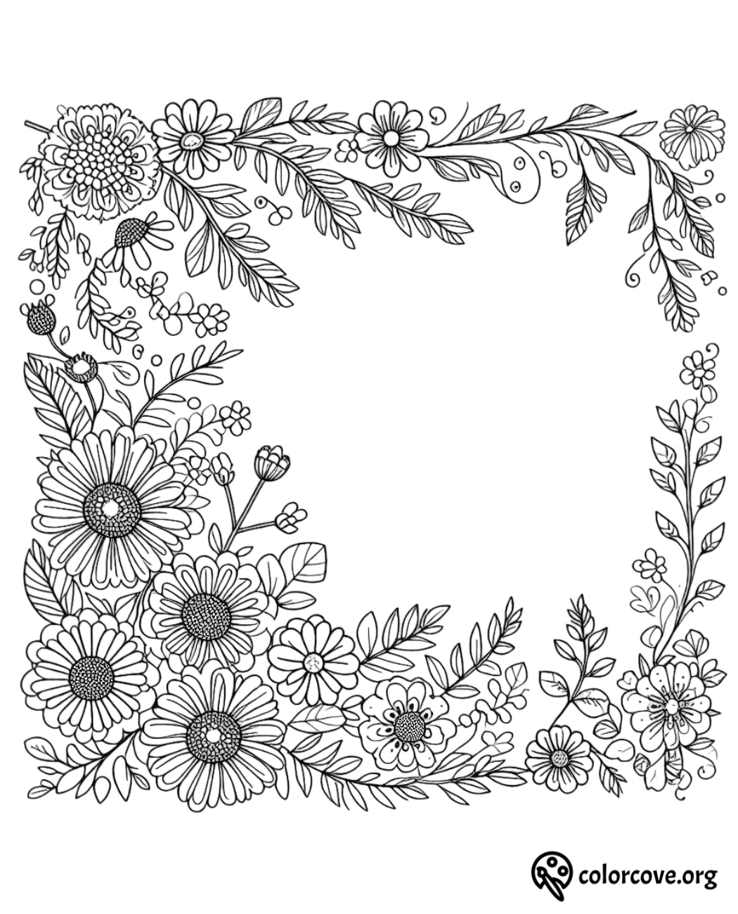 a black and white drawing of flowers and leaves