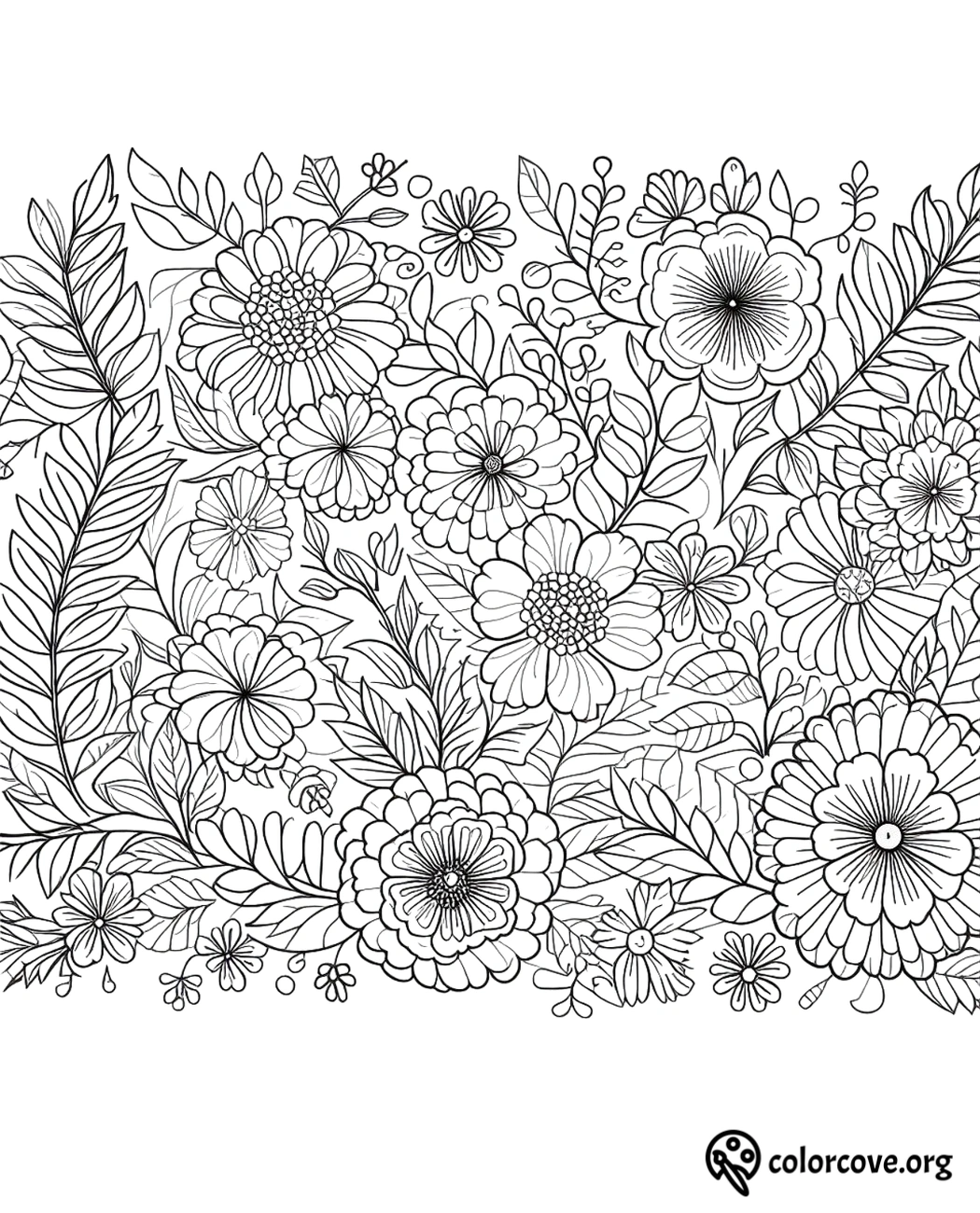 a black and white drawing of flowers and leaves