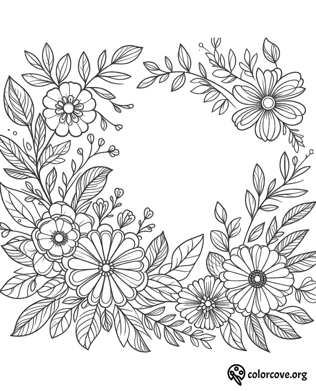 a black and white drawing of flowers and leaves