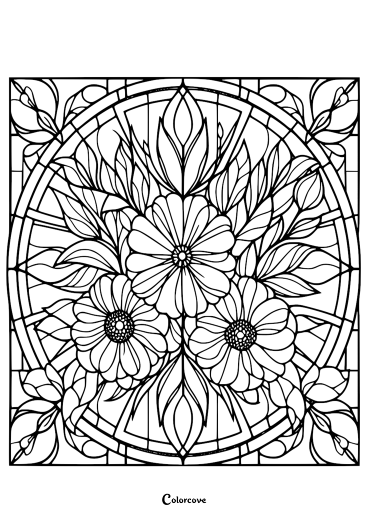 A detailed floral pattern coloring page featuring three large daisy-like flowers surrounded by lush leaves inside a circular stained glass window frame.