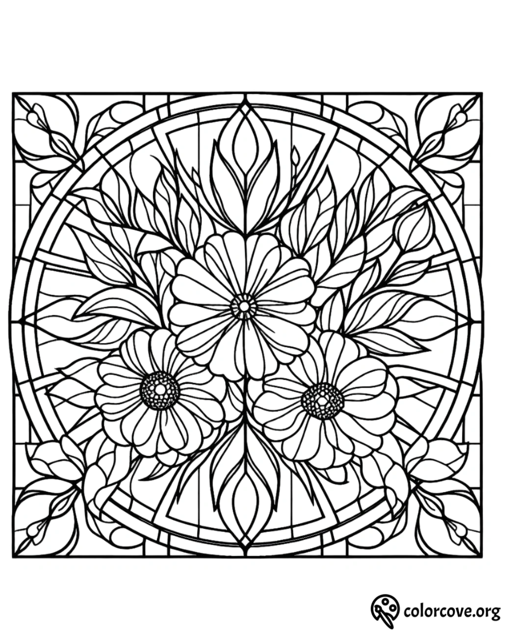 a black and white drawing of flowers and leaves