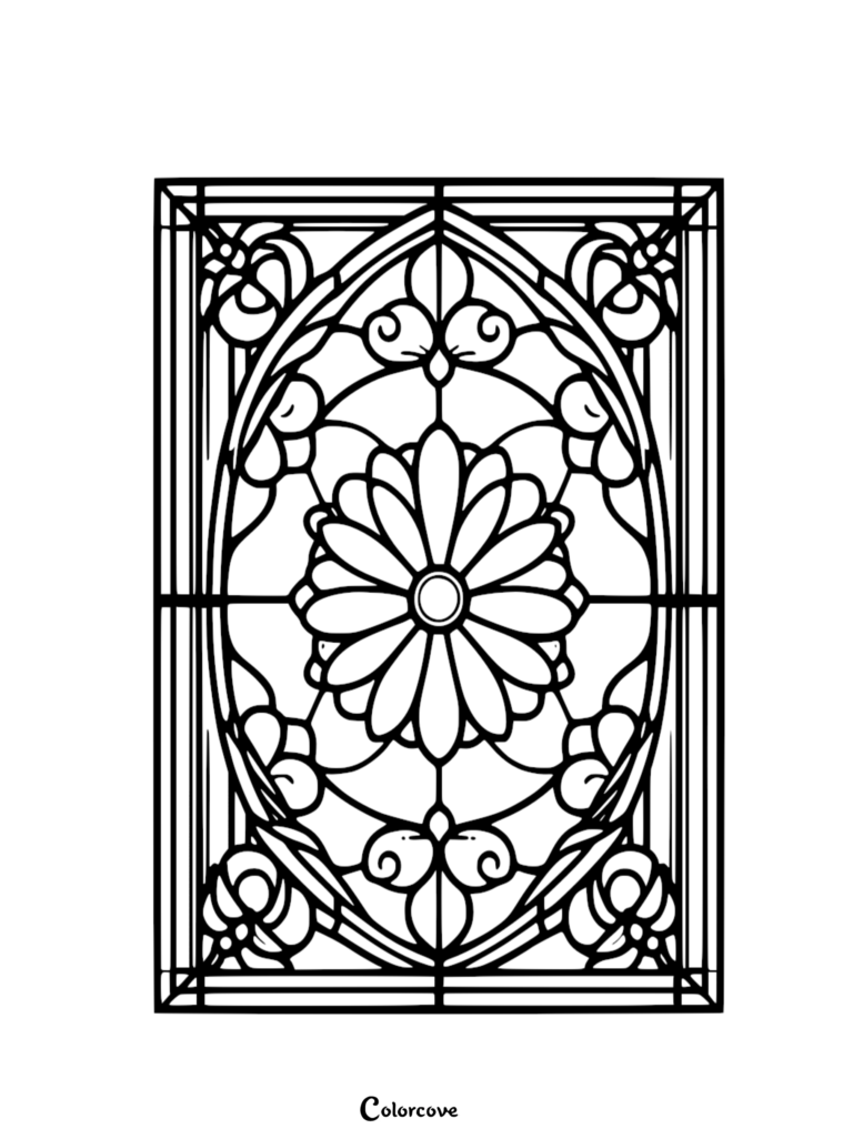 A printable floral pattern coloring page featuring a central daisy motif framed within an elegant stained glass window design.