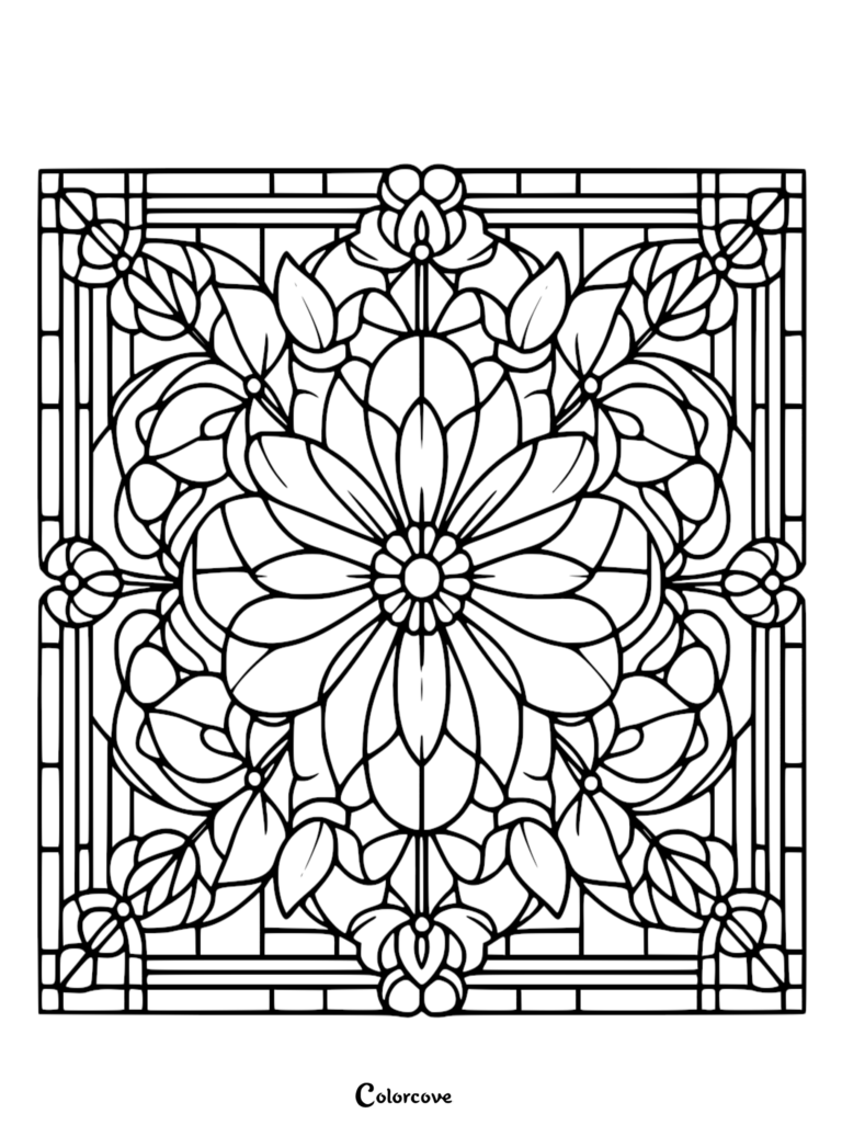 A symmetrical floral pattern coloring page featuring a central flower surrounded by intricate leaves and geometric stained glass borders.