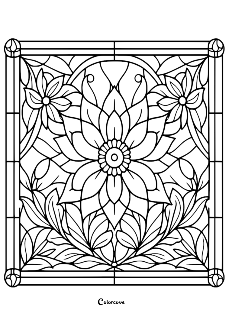 Stained glass style floral pattern coloring page featuring a large central bloom surrounded by symmetrical leaves and smaller flowers.