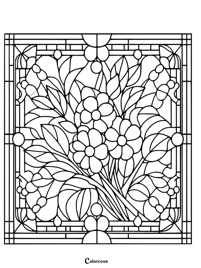 A printable floral pattern coloring page featuring a bouquet of flowers and leaves framed in a geometric stained glass style border.