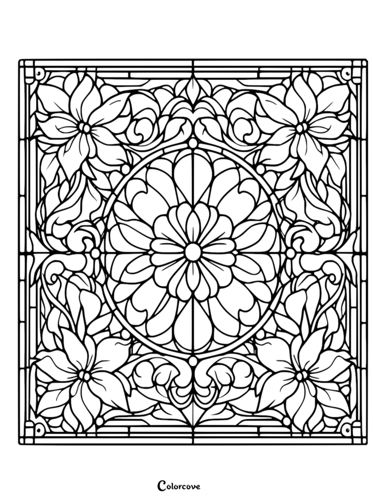 A free printable floral pattern coloring page featuring a central circular mandala design surrounded by intricate stained glass style flower motifs.
